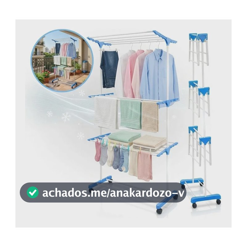 Varal de Chão Dobrável 3 Andares c/ Rodas e 2 Asas Extensíveis, p/ Roupas e Calçados, Aço Reforçado 40kg