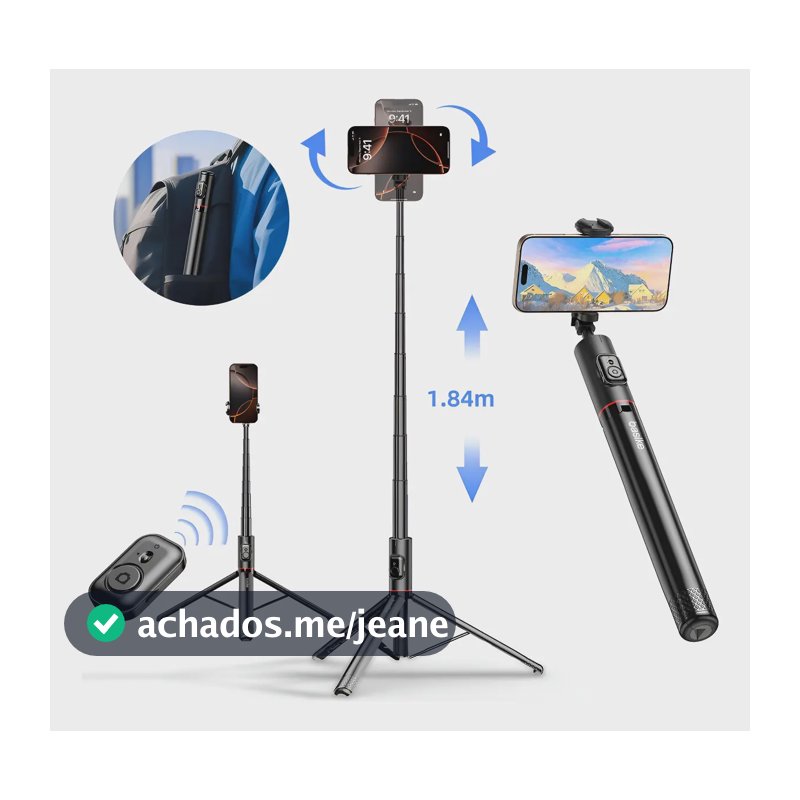 Tripé Bastão De Selfi Retrátil Com Controle Remoto Bluetooth com Controle , 1.84m, Remoto sem Fio, Portátil, Leve e Extensível, Compatível com ios e Android,Cor preto