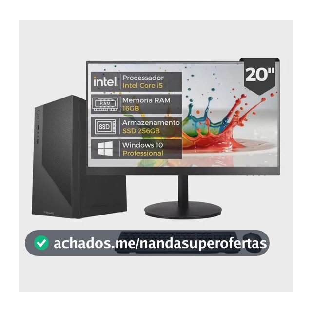 Computador Completo Intel Core i5 4570 (4ª Geração), 16GB RAM, SSD 256GB, Monitor 20" 75Hz HDMI, Windows 10 Pro, Preto, Bivolt - BluePC Office CDF-099OF