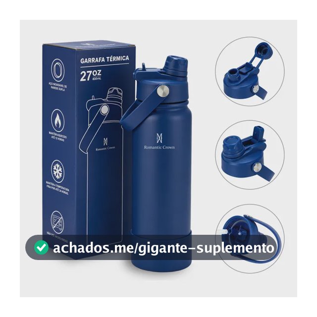 Garrafa Térmica 800ml Inox Bico Duplo Canudo Alça Esporte Azul