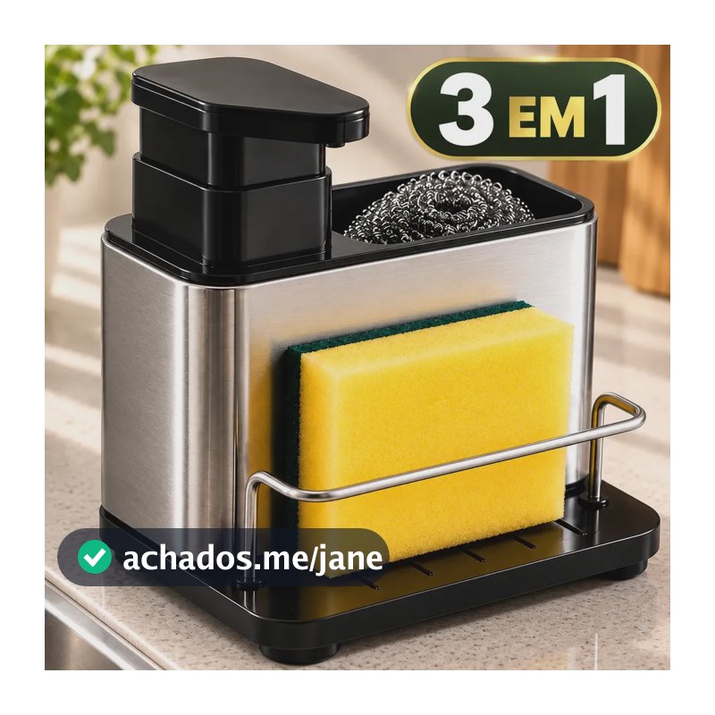 Dispenser Detergente 3 em 1 com Porta Esponja Organizador de Pia em Aço Inox para Cozinha Sabão Líquido e Utensílios