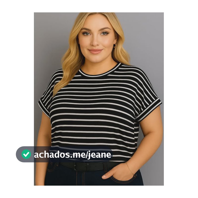 Blusa Plus Size Listrada Feminina Manga Curta Preto E Branco Preto G4