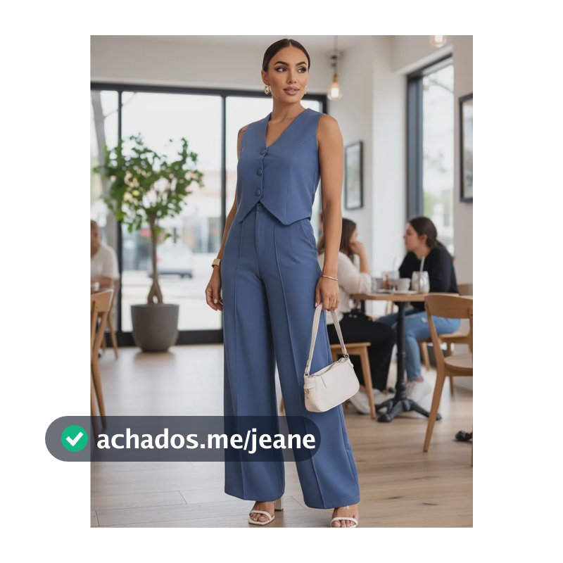 Conjunto  Alfaiataria Social Feminino Calça Pantalona Colete Azul Jeans Liso P-38