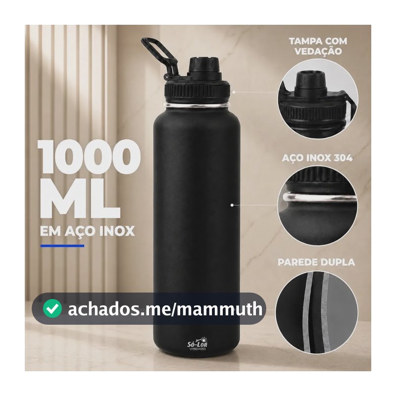 1000ml Garrafa Térmica Isolada A Vácuo Squeeze Aço Inox 304 para Água Gelada Esporte Academia com Alça e Bico Preto Sólar