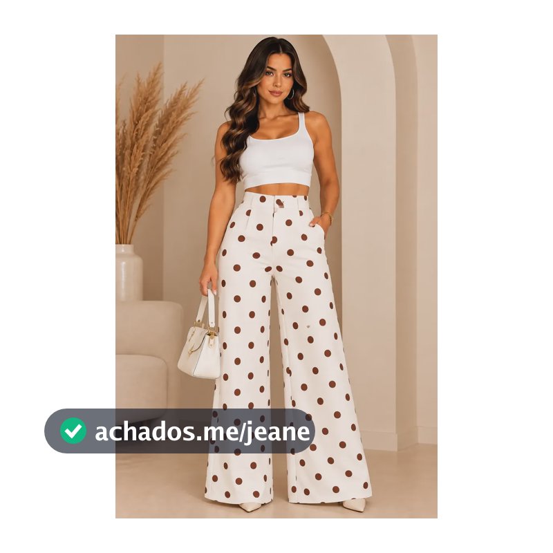 Calça Pantalona Alfaiataria Feminina Poá Wide Leg Elegante Branco Poá Marrom G