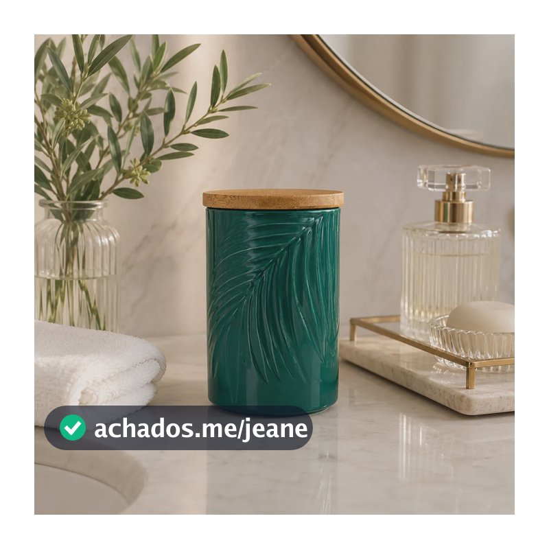 Pote Potiche Cerâmica Verde Tampa Bambu Hermético Alto 30cm Verde