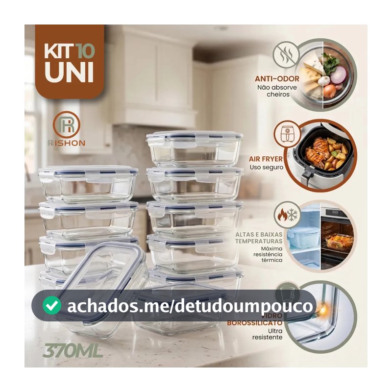 Kit 10 Pote De Vidro Marmita Hermético 370ml Freezer Fitness Rishon