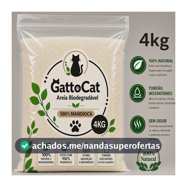 Areia Higiênica Biodegradável para Gatos 4kg 100% Mandioca Fina Torrão Instantâneo Zero odor Sanitária GattoCat