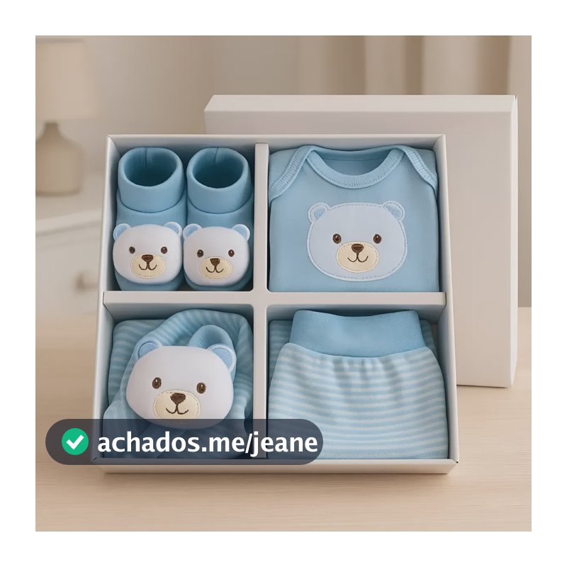 Kit Presente Bebê Recém Nascido Body Mijão Pantufa Naninha Urso Azul Céu P