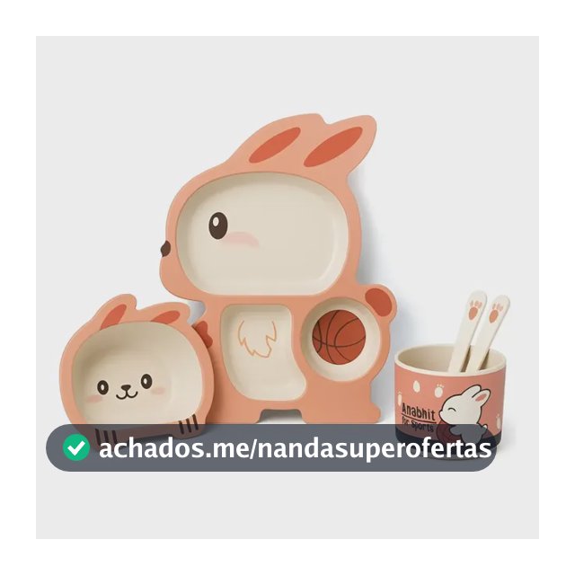 Kit Refeição Infantil Bebê Bambu 5 Peças Prato Copo Colher Rabbit Rosa
