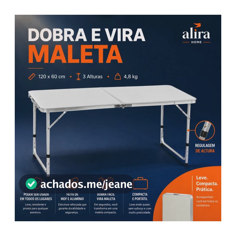 Mesa Dobrável Portátil Vira Maleta 3 Níveis de Altura Para Camping Praia Acampamento Jantar Cozinha Churrasco Branco