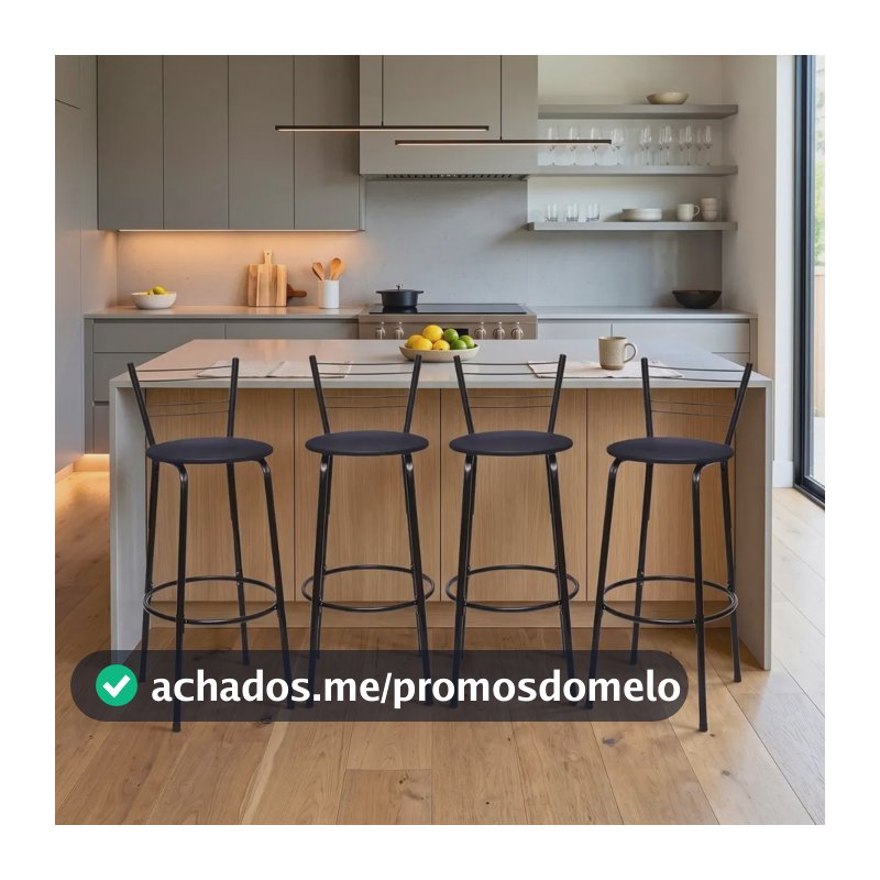 Kit 4 Banquetas Itagold Florida Top Alta Cozinha Americana Bar Balcão Alto Estrutura Preta Atlanta Cor Assento Preto 90cm