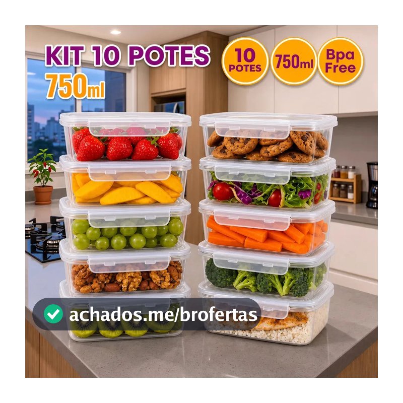 Kit 10 Potes 750ml com Tampa Trava Plástico Transparente para Mantimentos e Alimentos Marmita Organizador de Cozinha Geladeira e Freezer Jogo de Potes para Organização Ponte Lar Utilidades