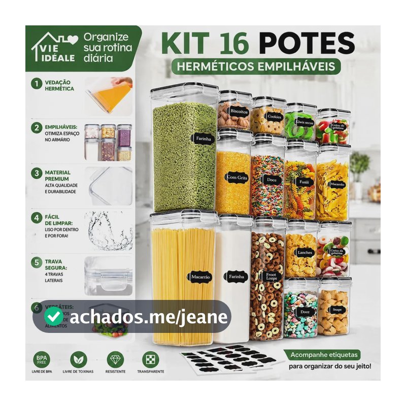 Vie Idéale Kit 16 Potes Herméticos Mantimentos Quadrado Cozinha Tampa Trava