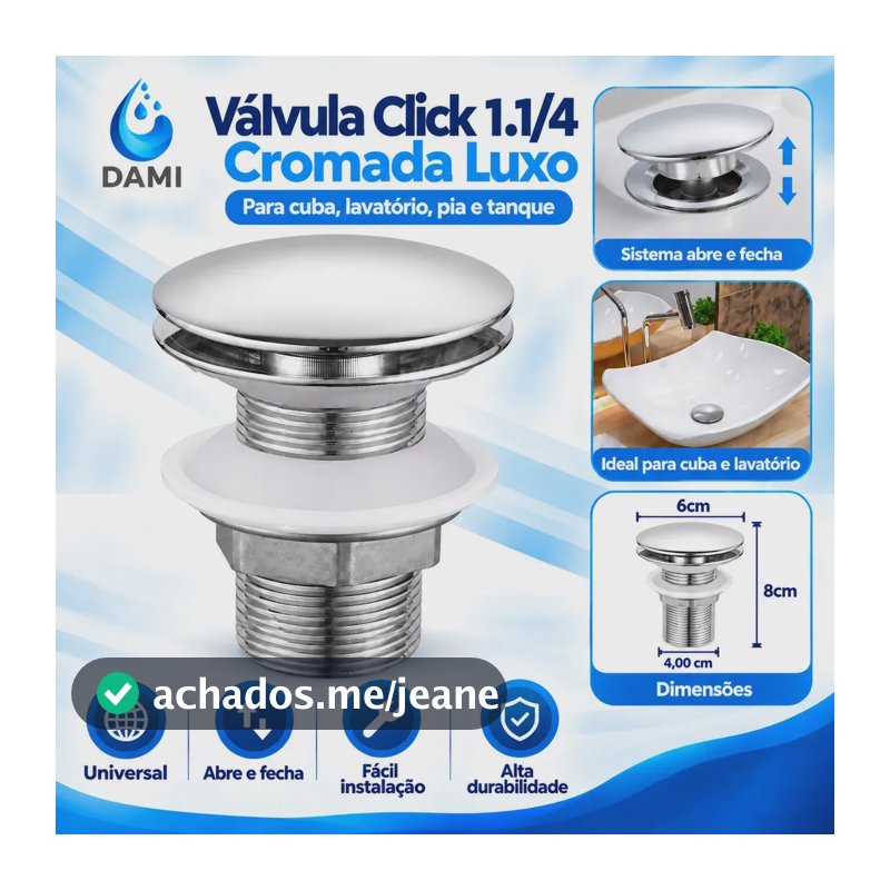 Válvula Click 1.1/4 Up Dami Para Cuba Pia Banheiro Aço Inoxidável Prateado Inteligente Anti Odor Vedação Total Pop Up Alta Resistência Durável Fácil Instalação Acabamento Premium Moderno Luxo Design