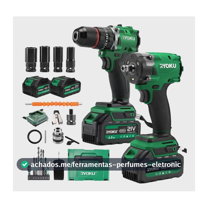 Parafusadeira Furadeira+chave De Impacto Kit Brushless Ryoku Verde 127/220v