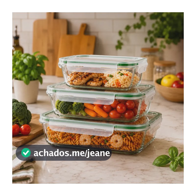 Kit 3 Potes De Vidro Hermético Com Tampa E Válvula De Respiração Marmita Fitness Para Alimentos Refeição Cozinha Organização Armazenamento Mantimentos Grãos Cereais Conservação Transparente