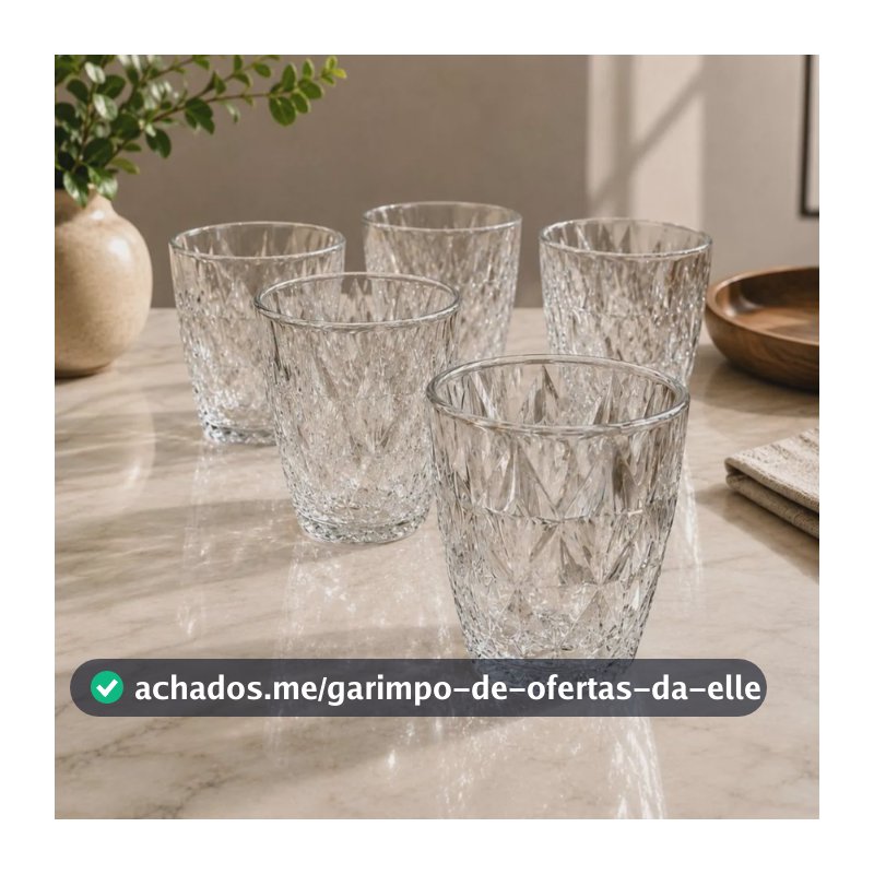 Jogo 6 Copos Baixos Diamond 300ml Vidro Resistente Diamante Transparente