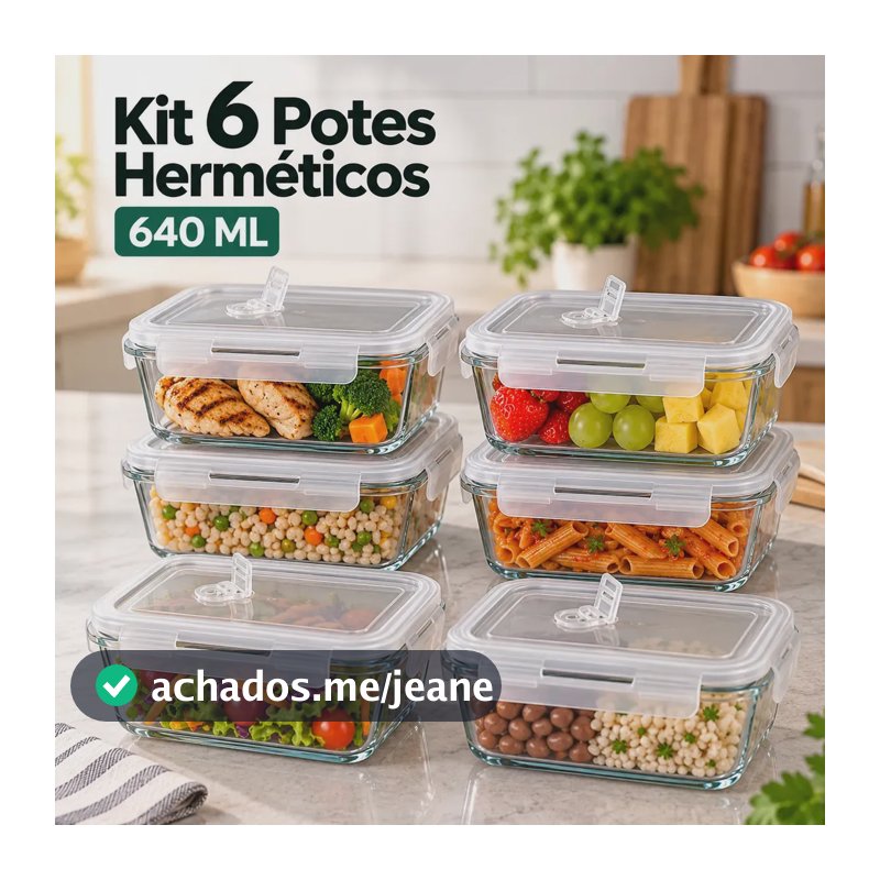 Kit 6 Potes de Vidro Herméticos Borossilicato Com Tampa e Válvula De Respiração 640 ML Para Alimentos Marmita Freezer Microondas Forno Cozinha Organização Livre De BPA Com 4 Travas Super Vedação