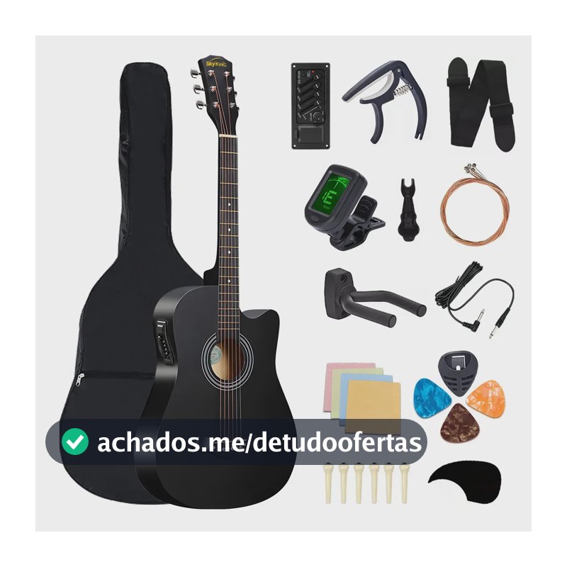 Kit Violão Eletroacústico 38In Preto Destro Completo Para Iniciante Eq 4 Bandas Com Capa Afinador Cordas Aço Acessórios