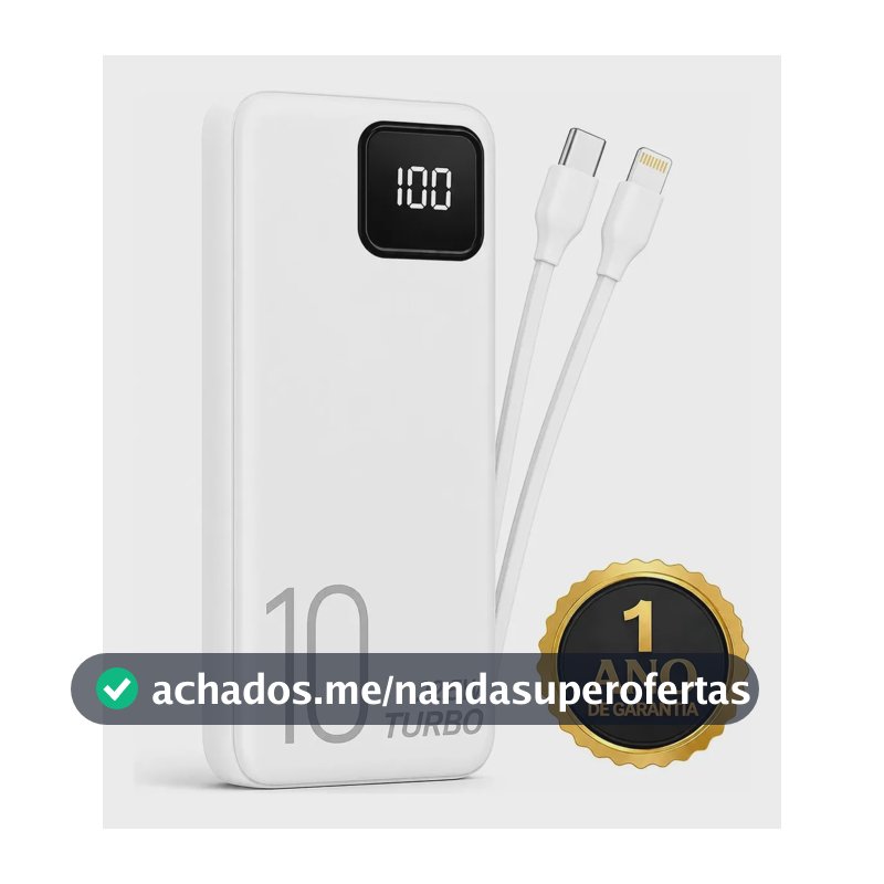 Carregador Portátil Power Bank Turbo 10000mah Universal Para iPhone Samsung Motorola Xiaomi 22.5w Com Display Digital Branco Dtimp