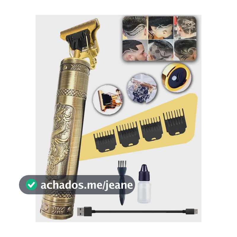 Máquina De Cortar Cabelo E Aparador De Barba Dr. Hank Dourado Lâmina T Sem Fio Recarregável Usb, 4 Pentes 1 Ao 4 Mm Motor Potente