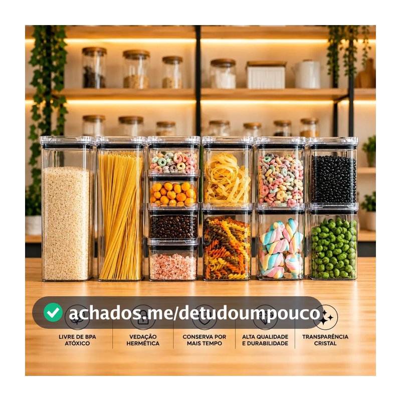 Kit Potes Porta Mantimento Hermético Quadrado Cozinha 12 Uni