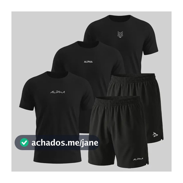 Kit 5 Peças All Black Dry 3 Camisetas E 2 Bermudas Alpha