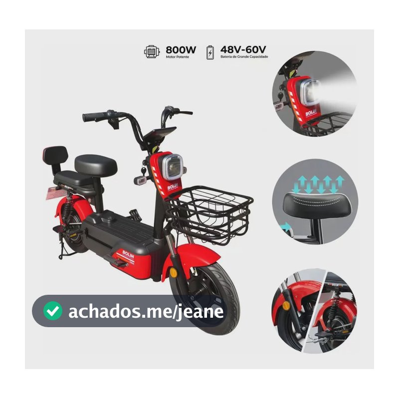 Bicicleta Elétrica 1994 com bateria de lítio de 800W 48-60V 21Ah Bateria de Removível e Pneu 14” Subida de 25° Alarme Amortecedores Dianteiros e Traseiros Assistência ao Pedal Cesto Frontal