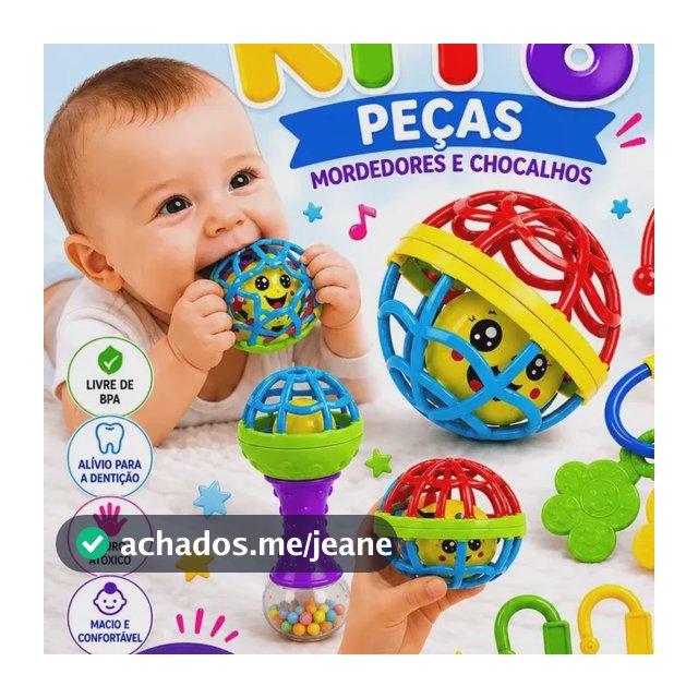Kit Mordedor para Bebê brinquedo Sensorial Silicone com Chocalho 8 Peças Coloridas