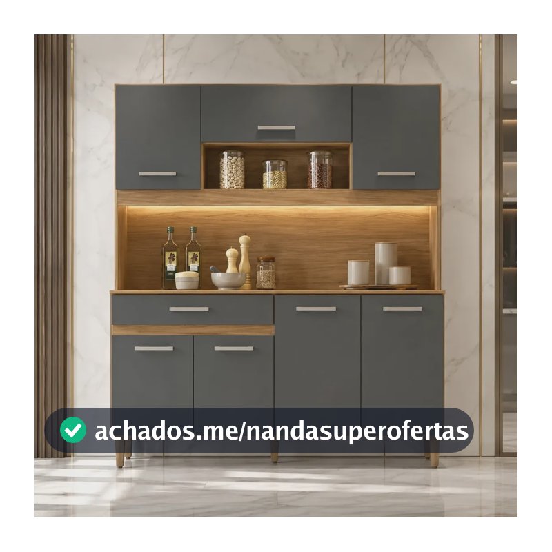 Kit Armário Gabinete Cozinha 7 Portas E 1 Gaveta Organizador Magazine Design Moderno Cor Freijó Chumbo