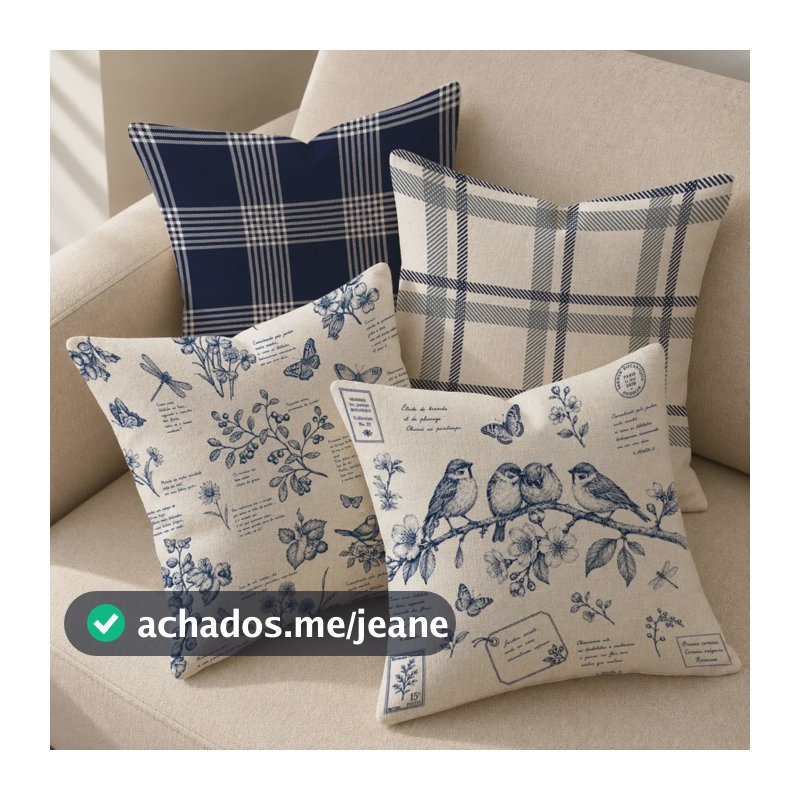 Kit 4 Capas Almofadas Decorativas Xadrez Pássaros Cottage Azul Cottage Farmhouse