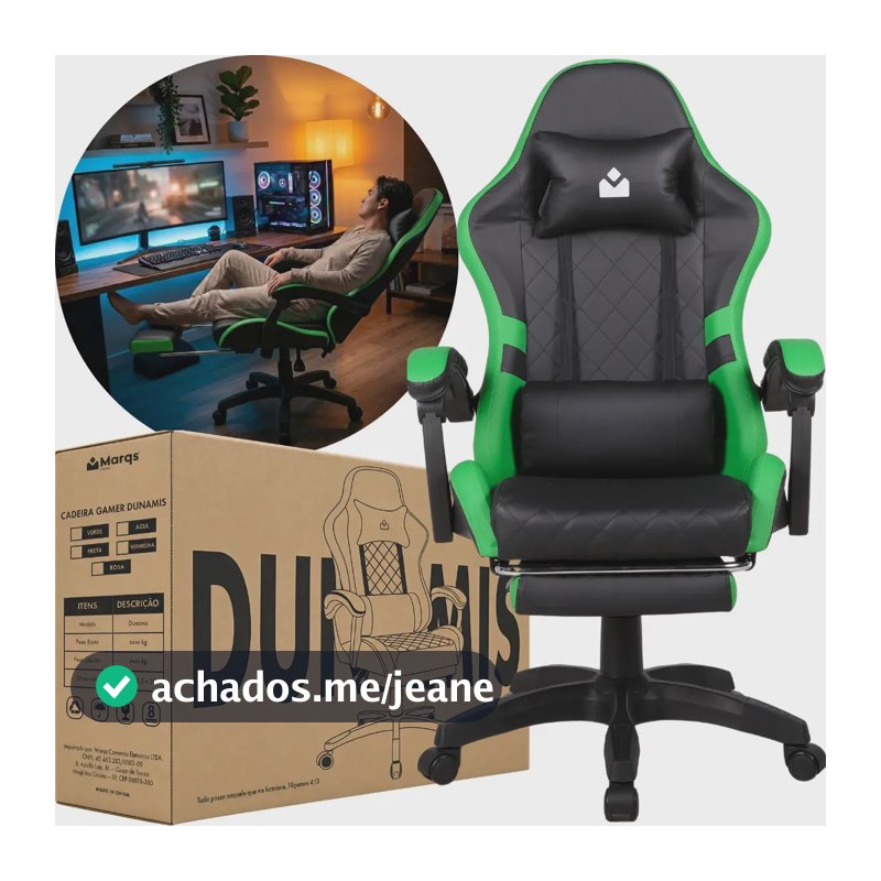 Cadeira De Escritorio Gamer Ergonômica Dunamis Verde Marqs Home Reclinável 180kg Resistente Giratória Confortavel Computador