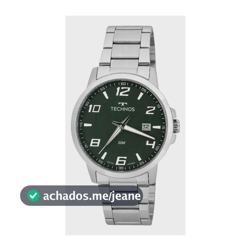 Relógio Technos Masculino Prateado Aço Inox Original Verde Prateado Verde