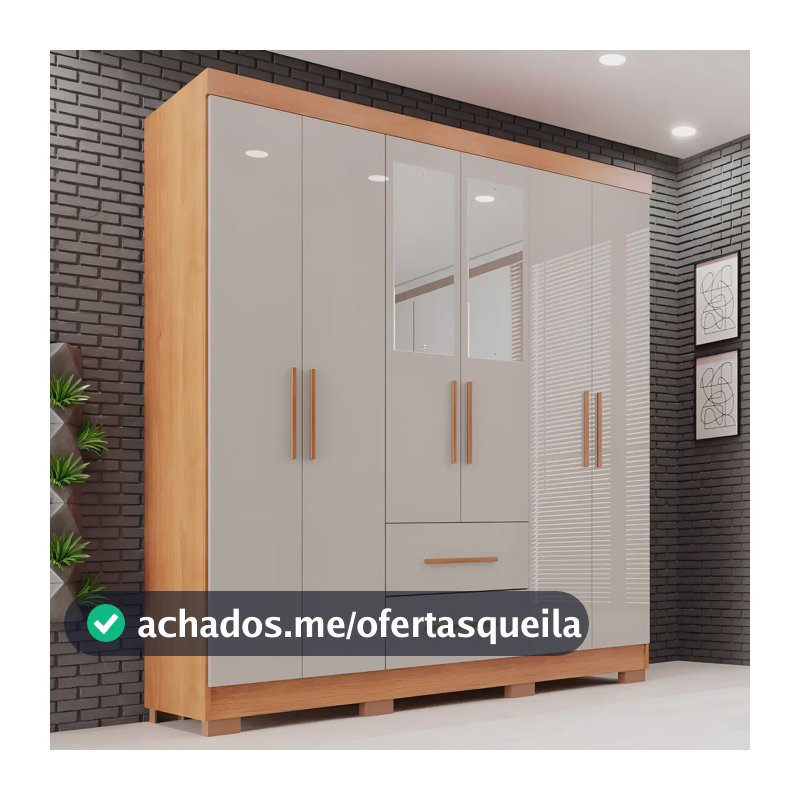 Guarda-roupa Casal com Espelho 6 Portas 2 Gavetas Sallêto Cinamomo/Off White