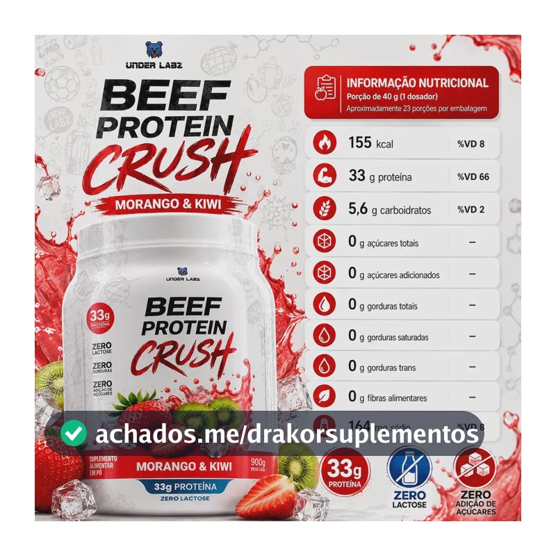 Proteína Under Labz Beef Crush em pó sabor Morango kiwi x 910g