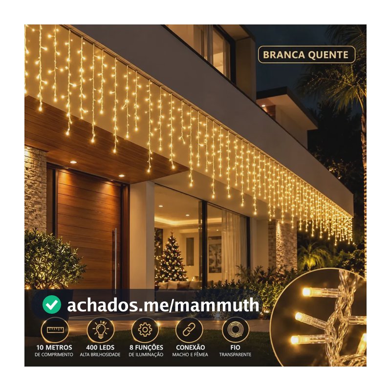 Cascata de Natal 400 Leds 10 Metros Conexão Macho E Fêmea Prova D'água Função Luzes De Natal Pisca Pisca Branco Quente