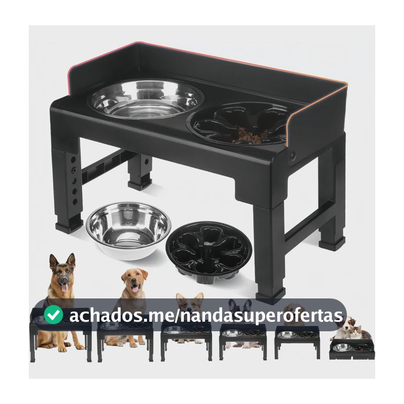 Comedouro Bebedouro Elevado Cães Regulável Dobrável Preto Preto