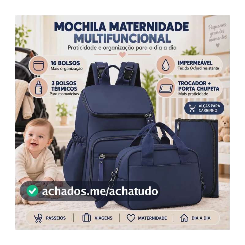 Mochila Maternidade NTESX com Trocador, Térmica e Impermeável Azul-Marinho