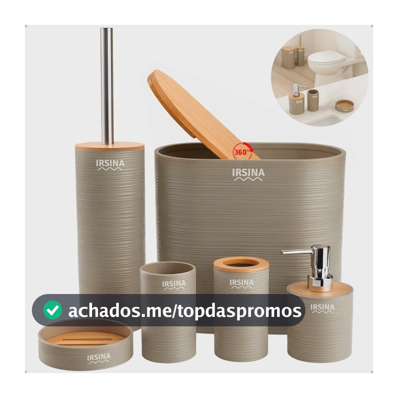 Kit Banheiro Completo Acessórios De Bambu Moderno Lixeira Com Tampa Escova Saboneteira Cor Bege Irsina