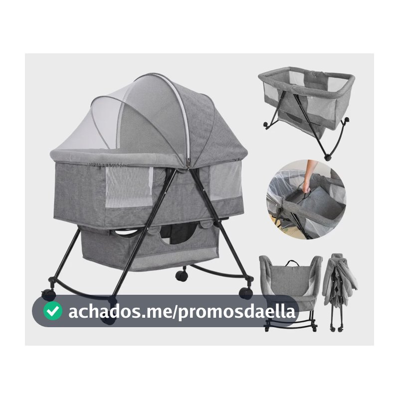 Berço Portátil PipDip Dobrável com Balanço e Mosquiteiro para Bebê Recém-nascido até 15kg, Cinza Mescla Linho