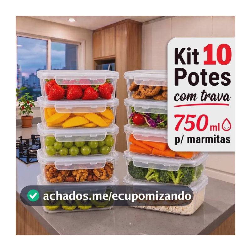Kit 10 Potes 750ml Com Tampa Trava Plástico Transparente Para Mantimentos E Alimentos Marmita Organizador De Cozinha Geladeira E Freezer Jogo De Potes Para Organização Ponte Lar Utilidades