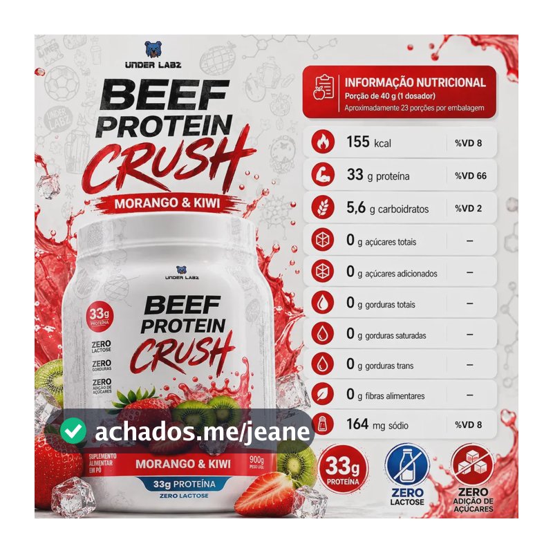 Proteína Under Labz Beef Crush em pó sabor Morango kiwi x 910g