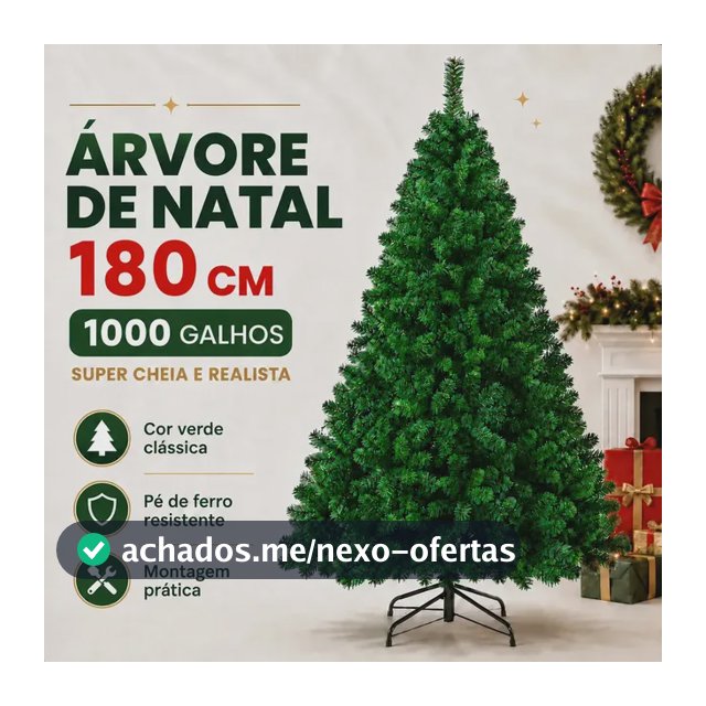 Árvore de Natal Verde Premium 180 cm com 1000 Galhos Cheios e Pé de Ferro Atelier Enovelada