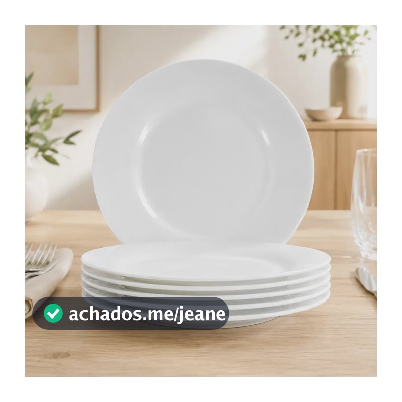 Jogo 6 Pratos Rasos Grandes Vidro Opalino Branco Liso 28cm