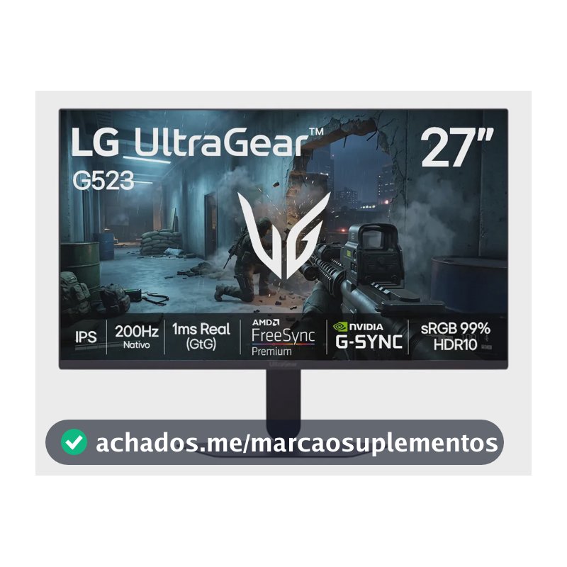 LG UltraGear Monitor Gamer 27" IPS 200Hz, 1ms (GtG), Full HD (1920x1080), HDR10, NVIDIA G-SYNC AMD, FreeSync Premium, sRGB 99%, Preto - 27G523B