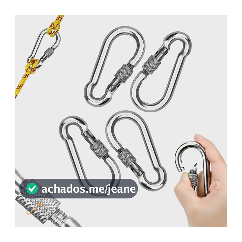 4 Mosquetão De Aço Galvanizado Com Trava Rosca 8x80mm 230kg Prateado