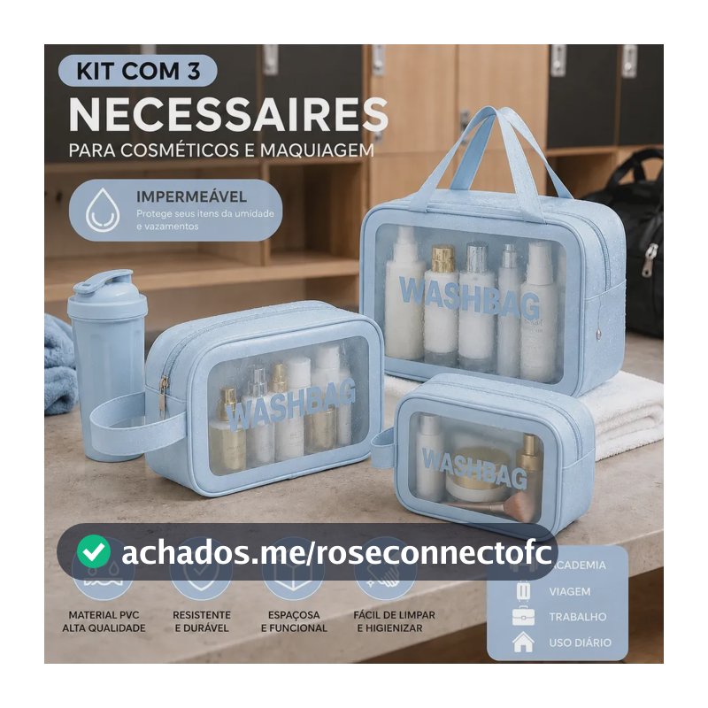 Kit 3 Necessaire Estojo De Toalete Organizador De Malas Kit Maternidade Cosméticos Shampoo Impermeável Ideal Para Áreas... Lisa Azul-claro