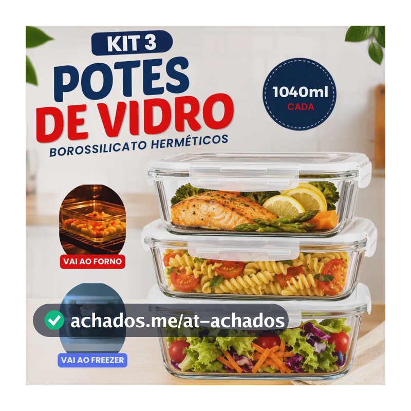 Kit 3 Potes de vidro hermético 1040ml Borossilicato transparente marmita com tampa travas vedação tapuer refrátario para forno micro-ondas freezer reutilizável para cozinha fitness pote salada frios