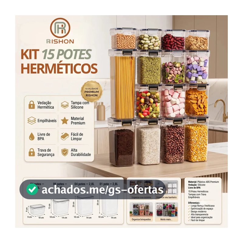 Kit 15 Potes Hermético Cadencia Mantimentos Retangular Cozinha Branco Rishon 22,4 Litros